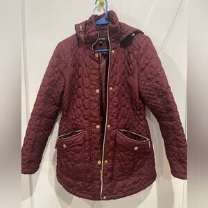 Ellen Tracy Women’s Quilted Hooded Jacket Medium Maroon Lightweight Zip Coat